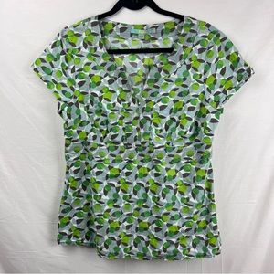 Boden Women’s Green Brown Circles Scrub Top Side Zip Short Sleeve Top Size 12